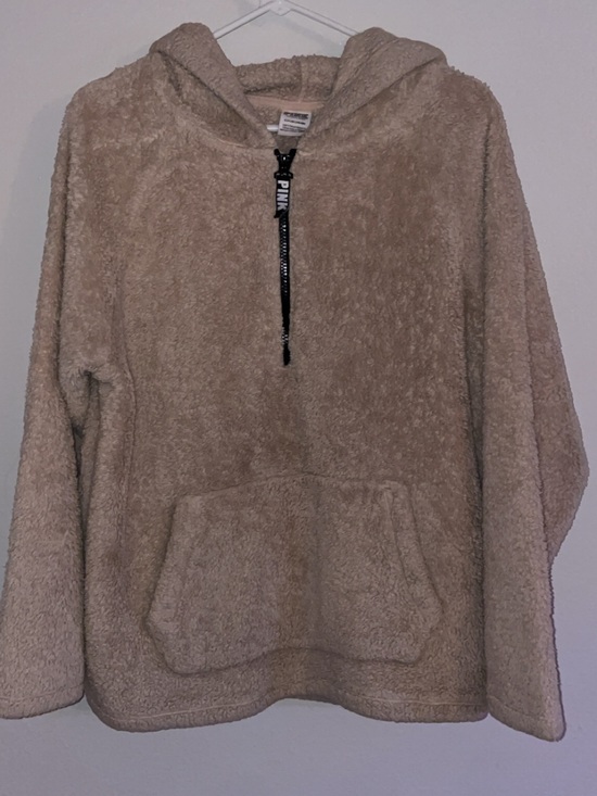 PINK Victoria's Secret Sweaters - PINK Victoria's Secret Beige Sherpa Half-Zip Hoodie